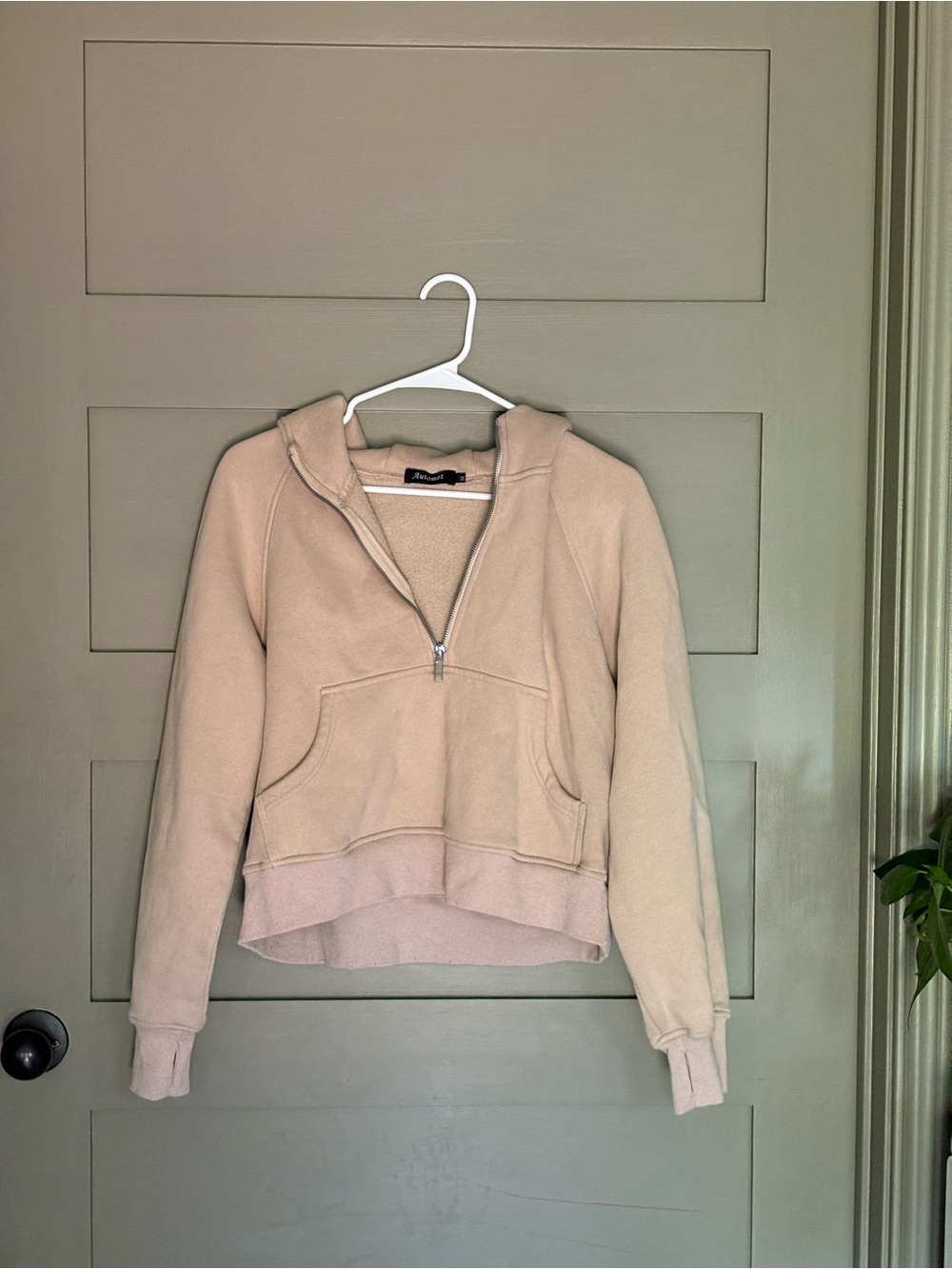 Beige Half-Zip Cropped Hooded Pullover Sweatshirt Hoodie